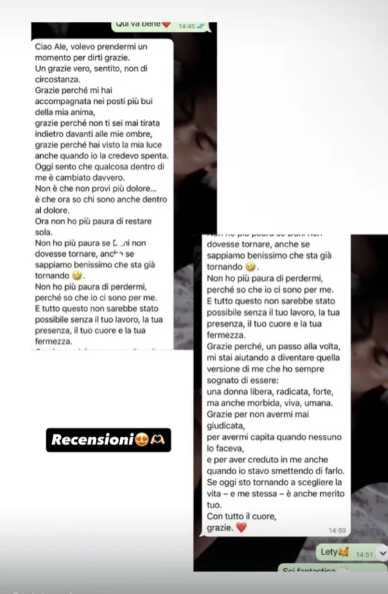Messaggio di una persona seguita da Alessia